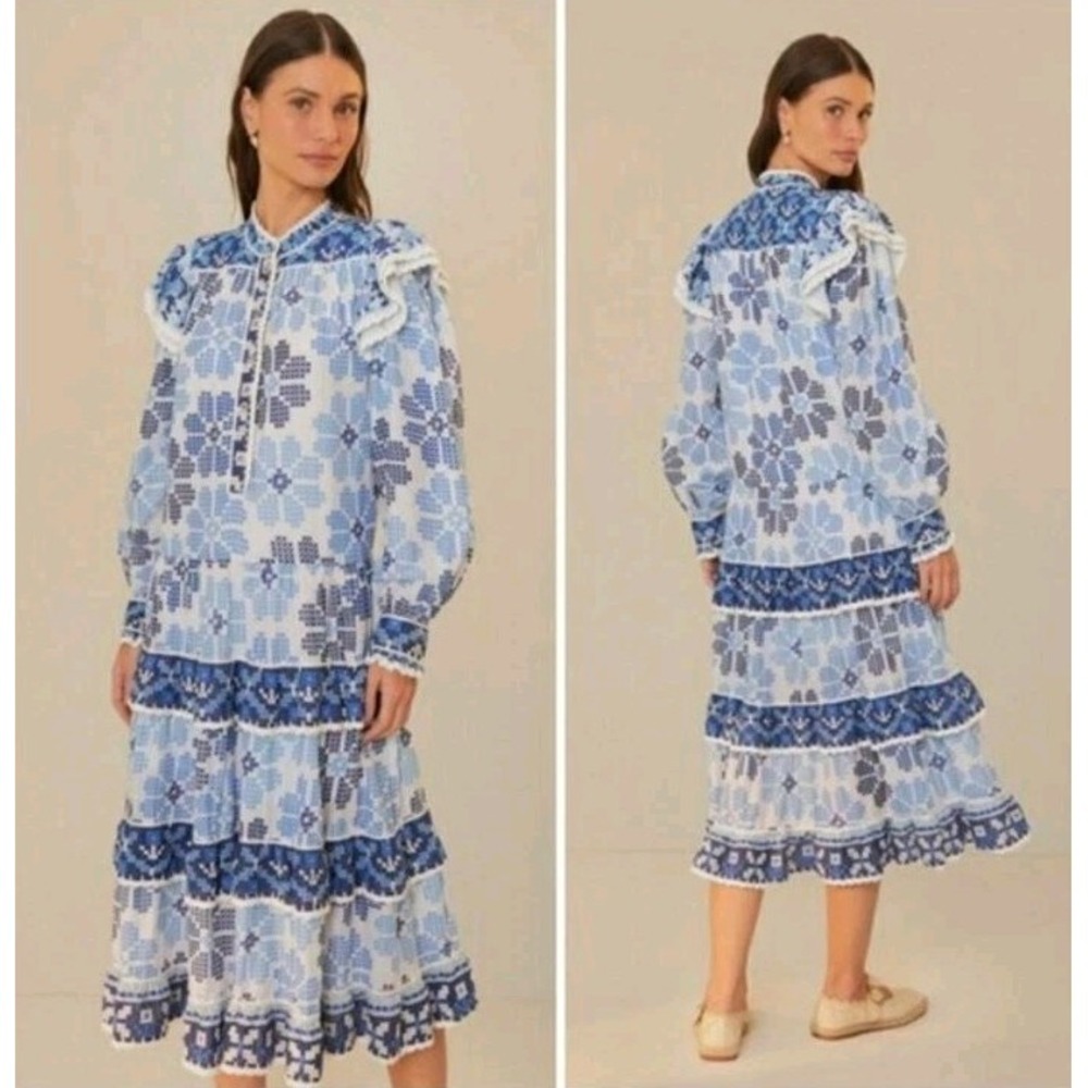 Farm Rio Stitched Flowers And Girls Midi Dress Women's Medium Blue White Crochet